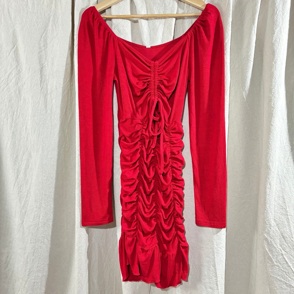 Red Ruched Bodycon Mini Dress Long Sleeve Ribbed Knit Drawstring Front NWT Med